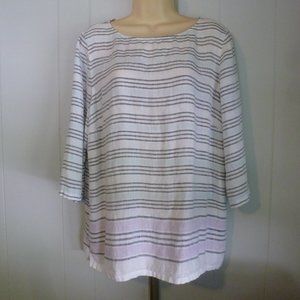 J. Jill Love Linen Top Womens Diluted Multi Pastel Color Stripes 17" Sleeve Sz L